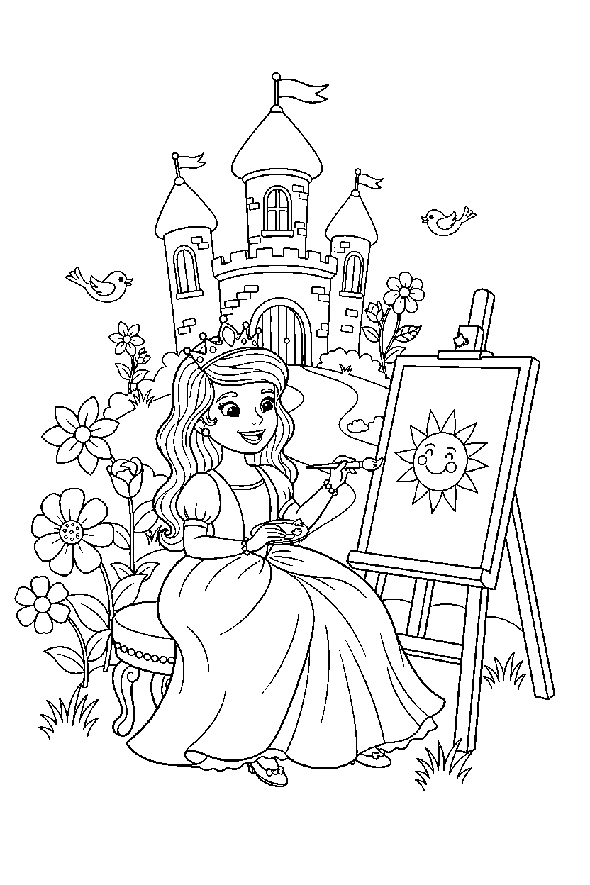 princess painting happily in a fairy tale castle line art