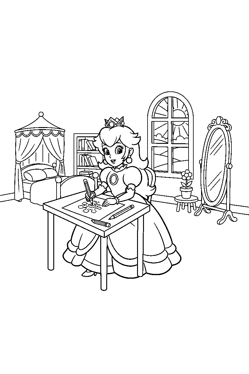 princess peach drawing happily in a princess tower room line art