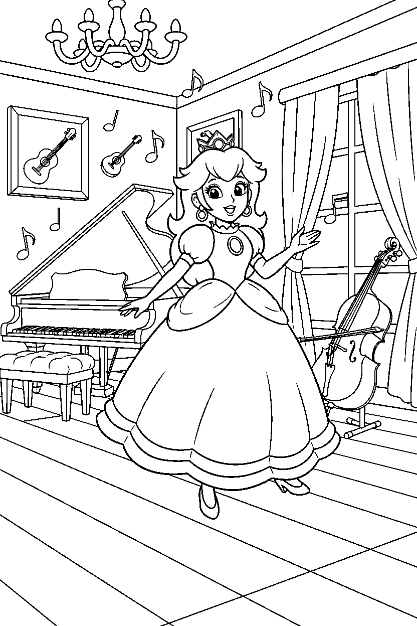 princess peach exploring happily in a music room line art