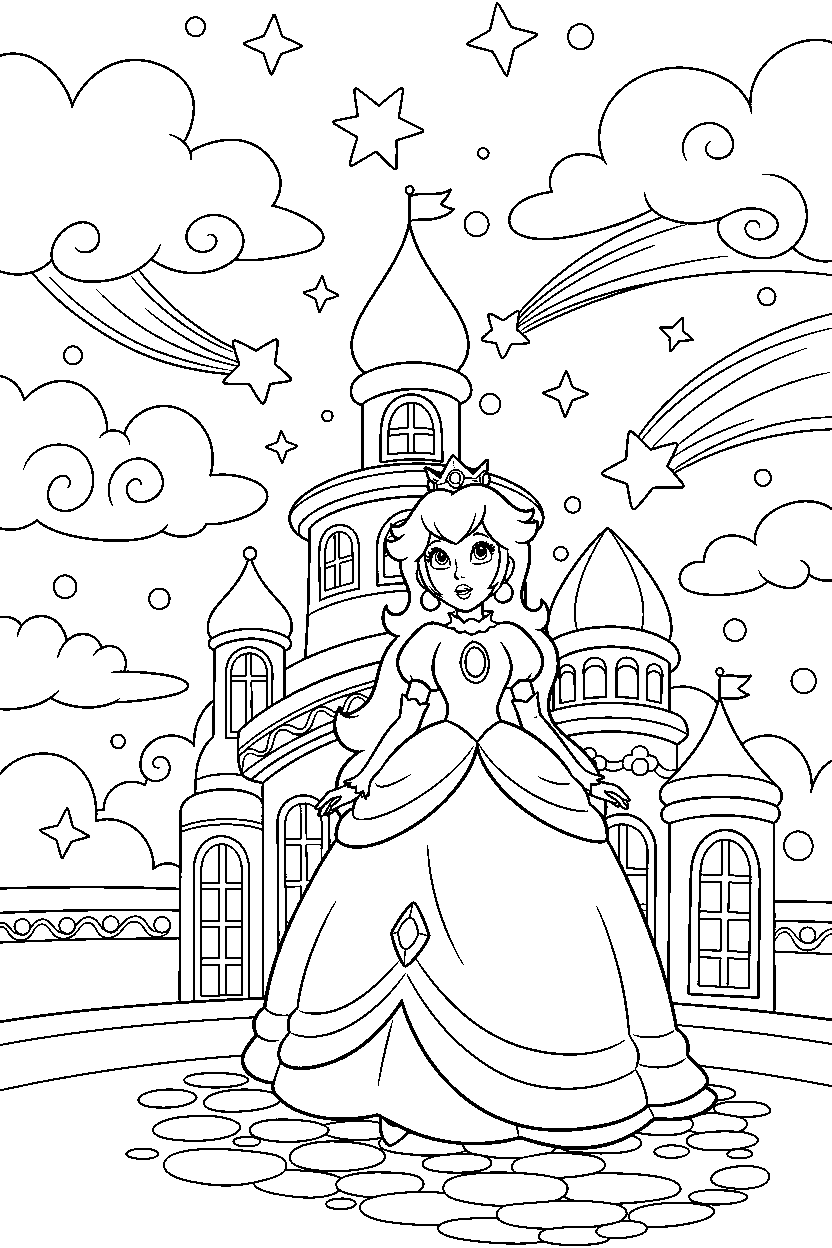 princess peach looking at the sky in a sparkling palace line art