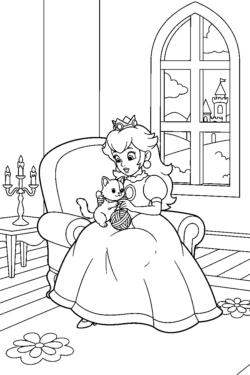 princess peach playing with a kitten in a princess tower room line art