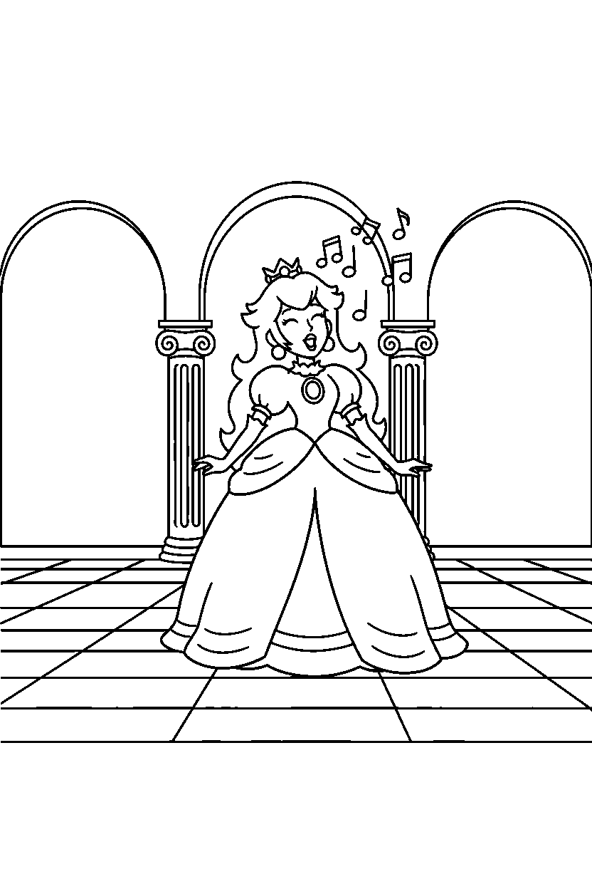 princess peach singing a song in a palace hallway line art