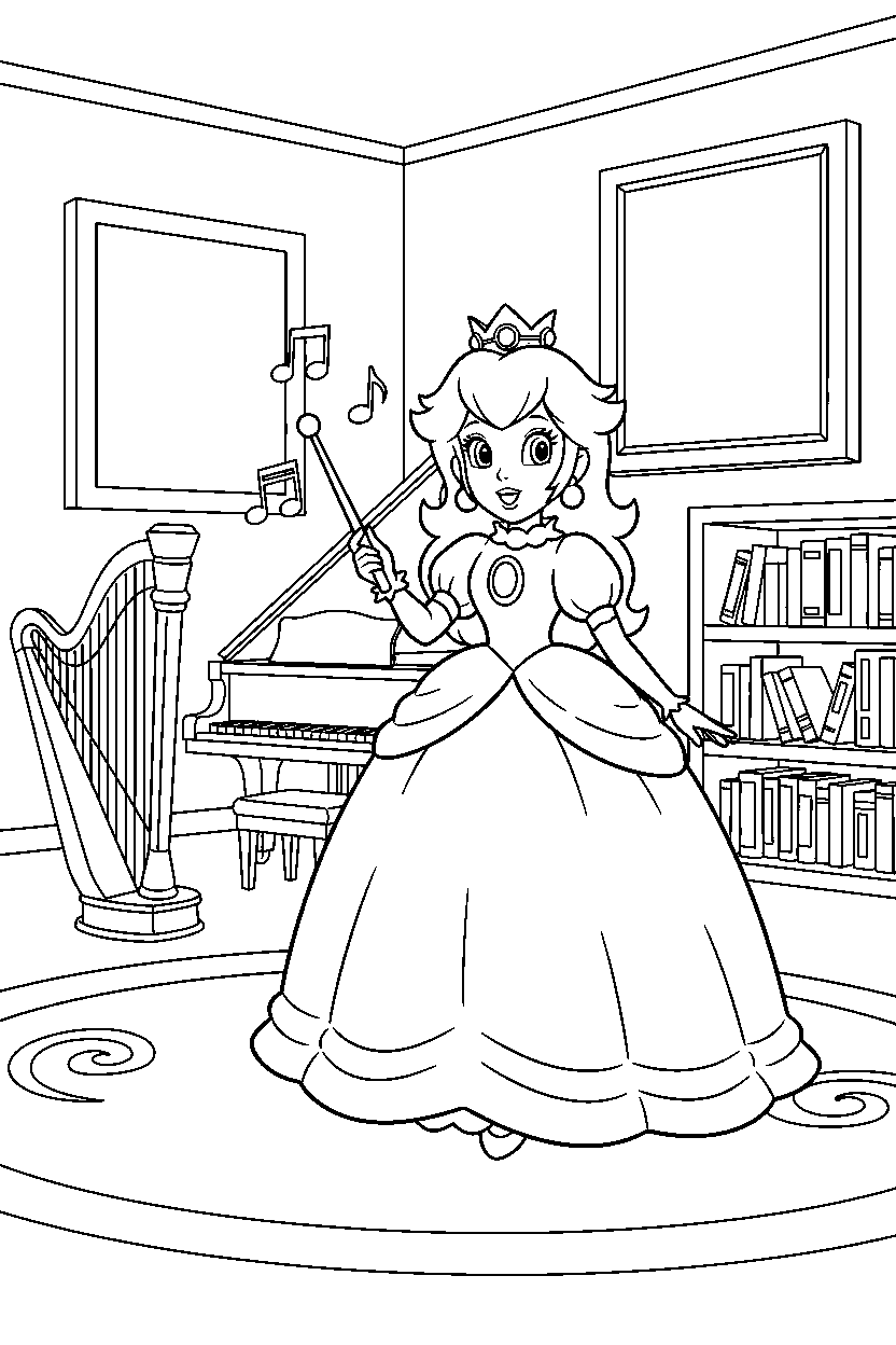 princess peach smiling happily in a music room line art