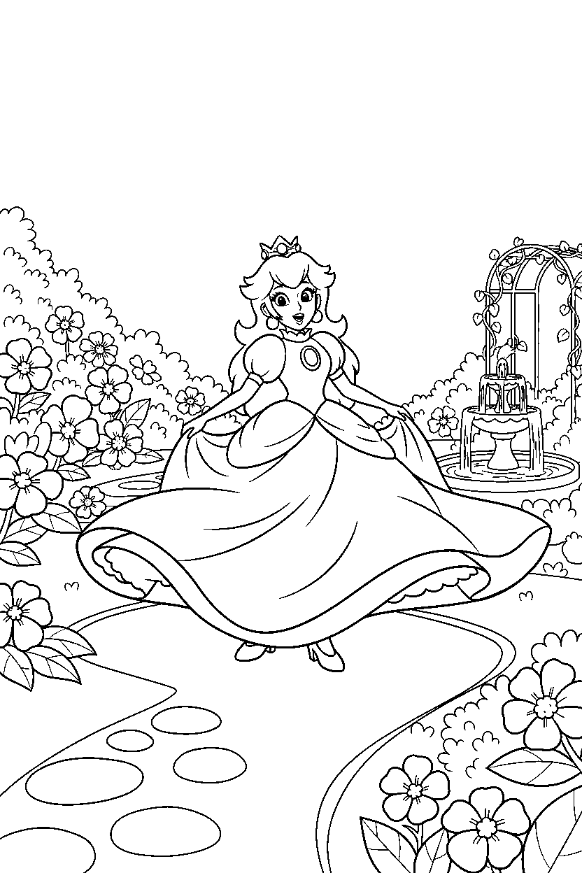 princess peach spinning happily in a secret royal garden line art