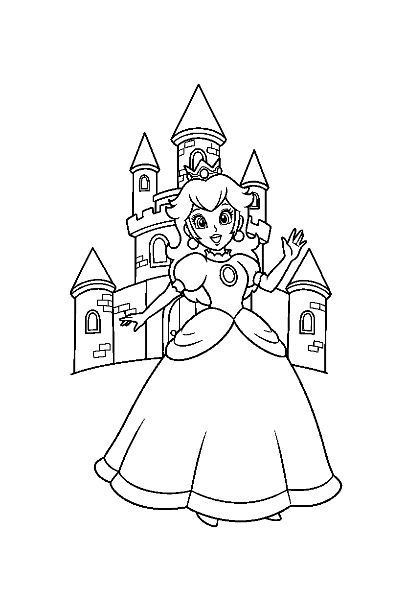 princess peach waving happily in a fairy tale castle line art