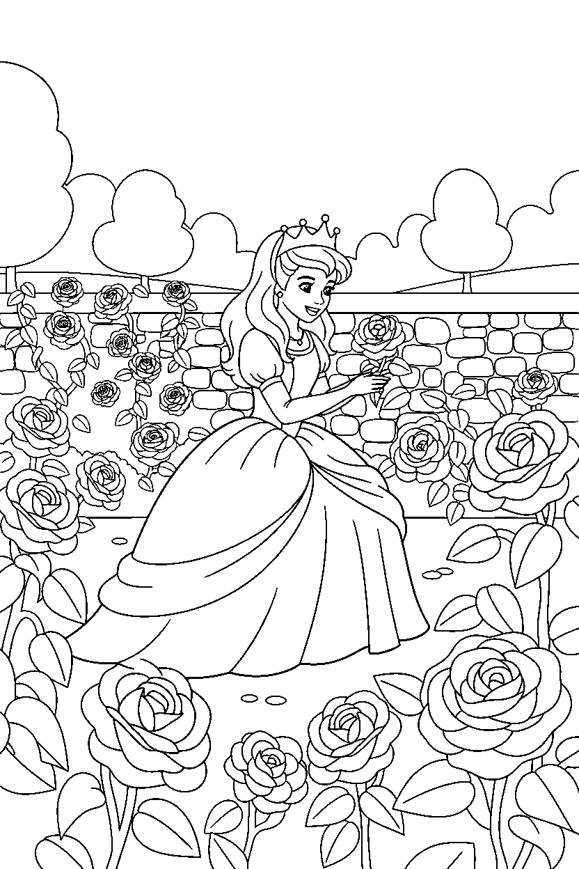 princess picking a flower in a rose garden line art
