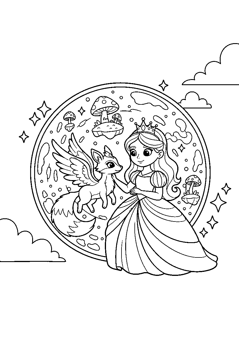 princess playing with an animal in a magic portal world line art