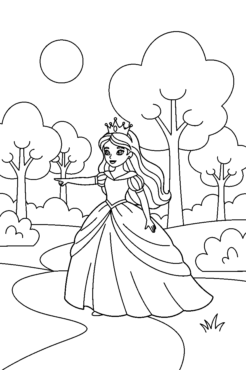 princess pointing in forest line art