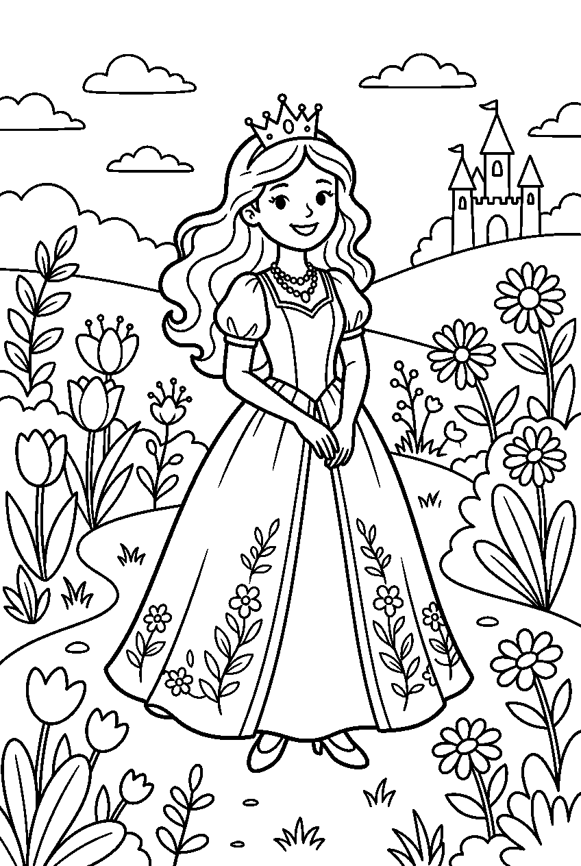 princess posing in flower garden line art