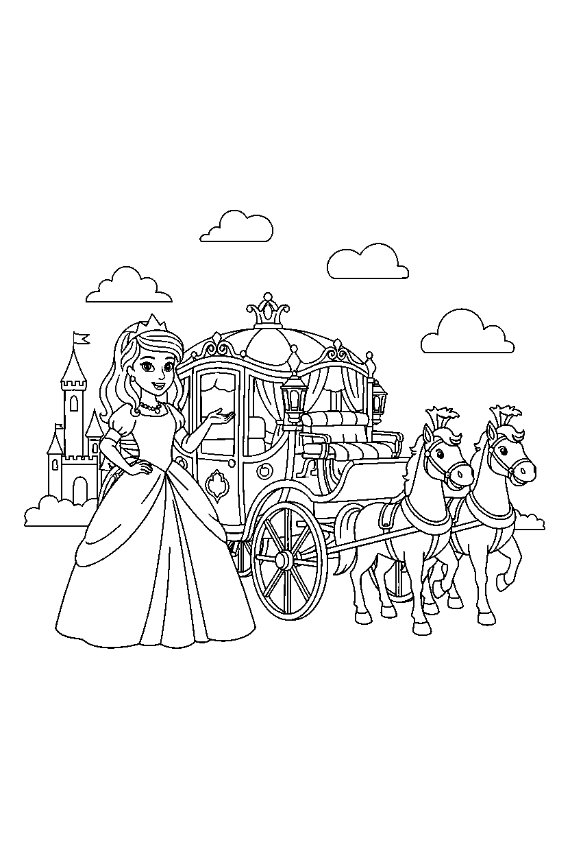 princess posing proudly near a royal carriage line art