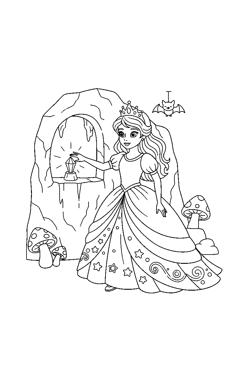 princess reaching in underground cave line art