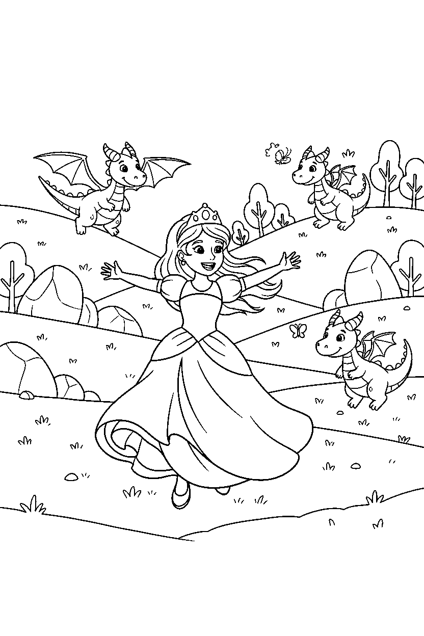 princess running happily in a dragon valley line art