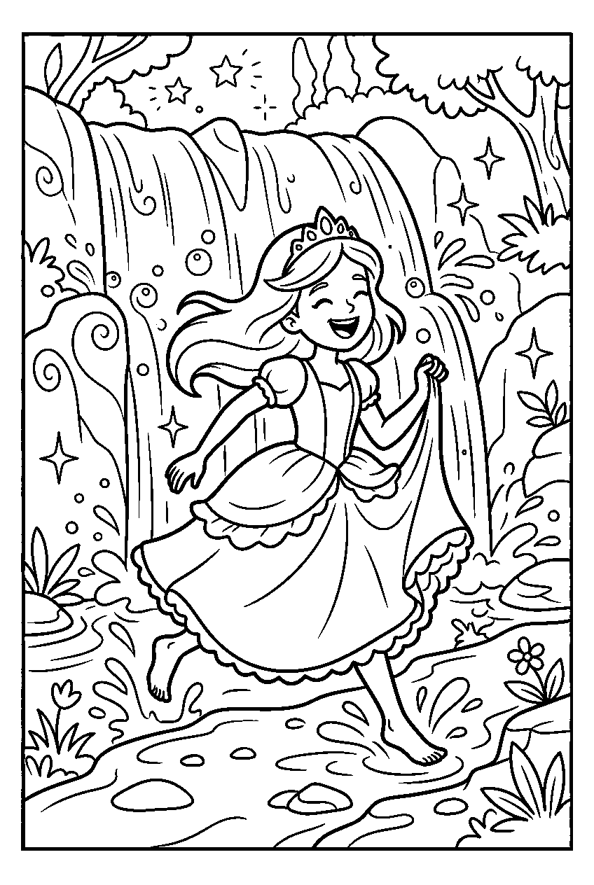 princess running in magical waterfall line art