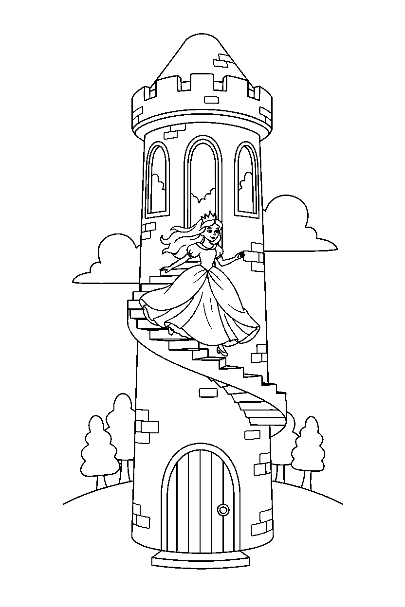 princess running in tower line art