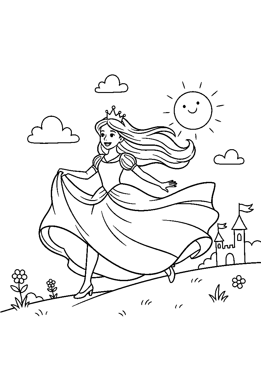princess running on hill line art