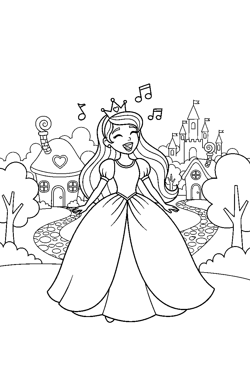 princess singing happily in a storybook village line art