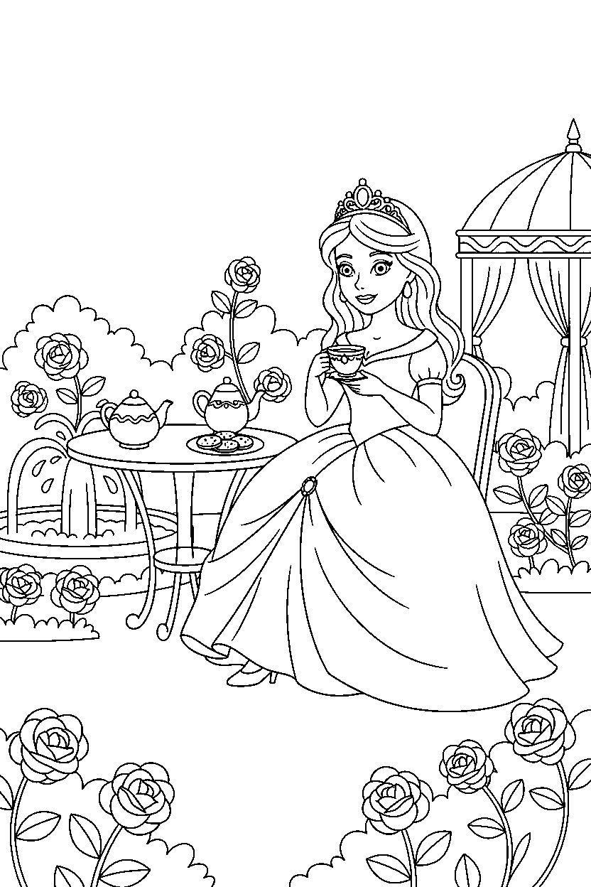 princess sitting peacefully in a royal tea garden line art