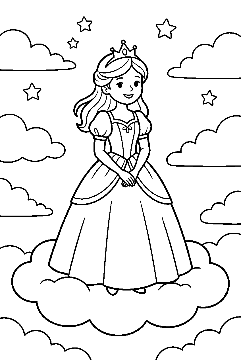 princess standing above the clouds line art