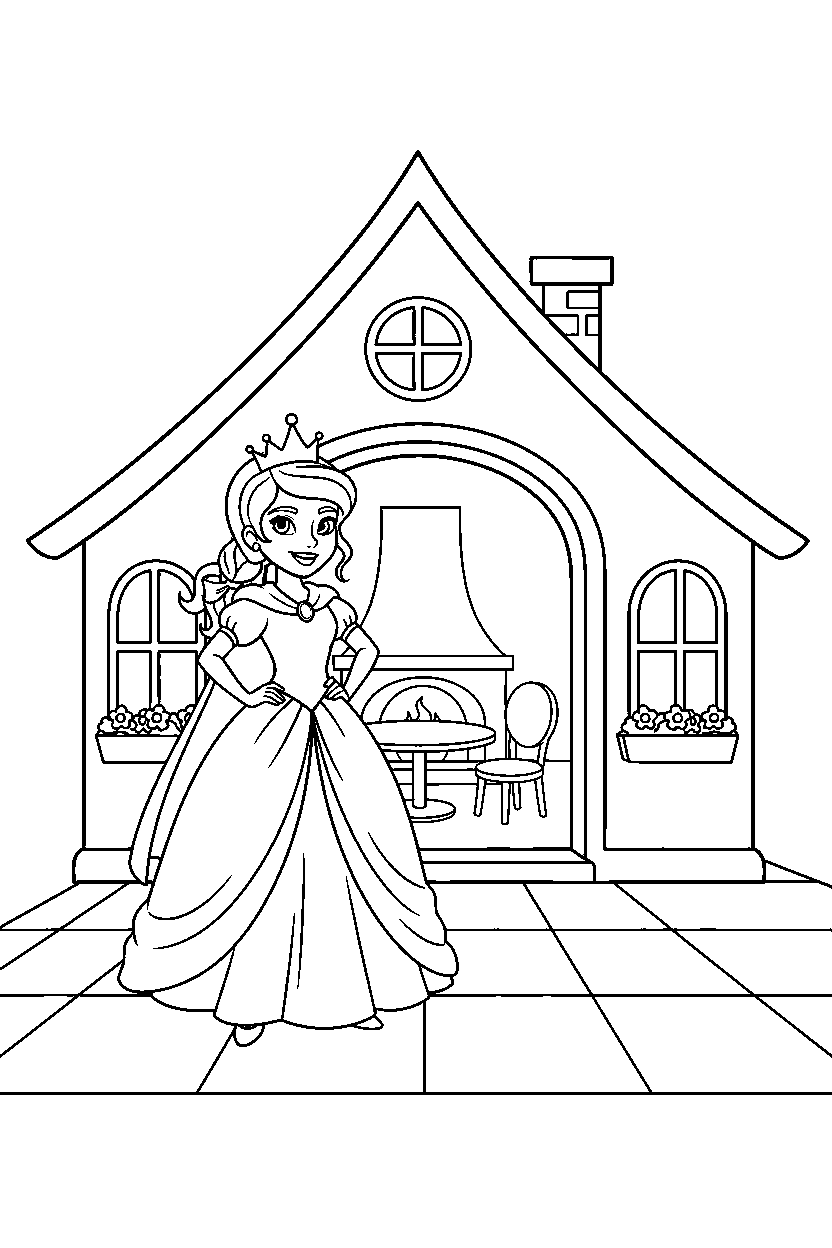 princess standing confidently in house line art