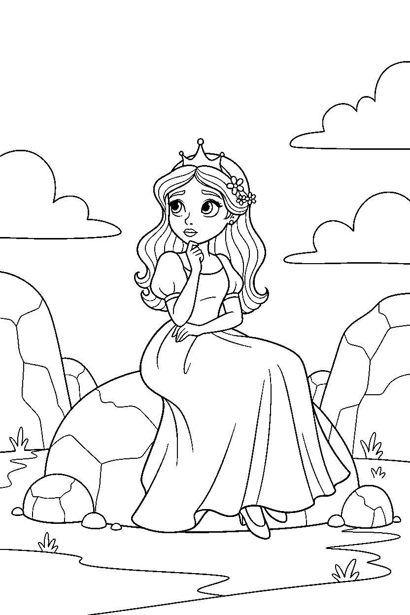 princess thinking in rocky area line art