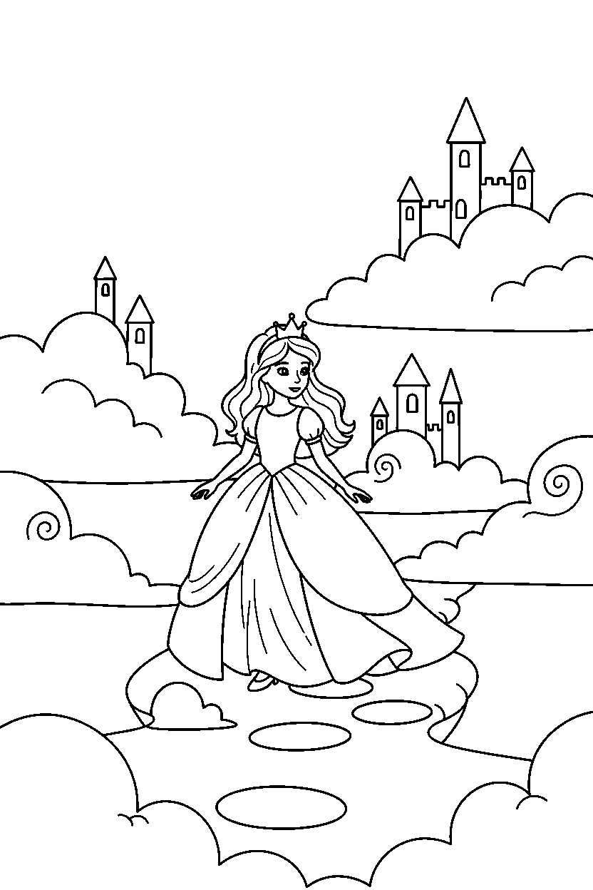 princess walking gently in a cloud kingdom line art