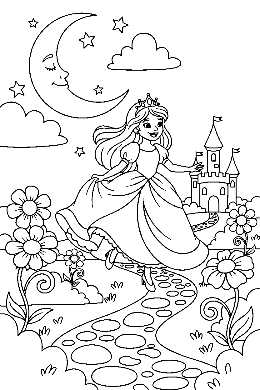 princess walking happily in a moonlit garden line art