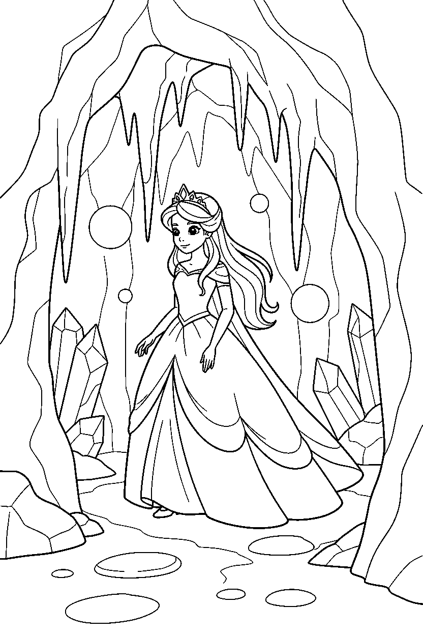 princess walking in icy cave line art