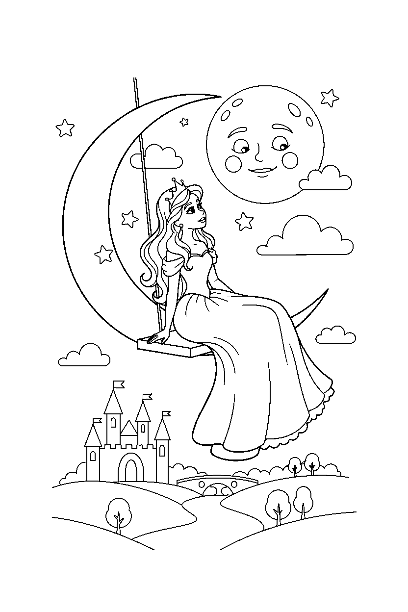princess watching the moon in a fairy tale kingdom line art