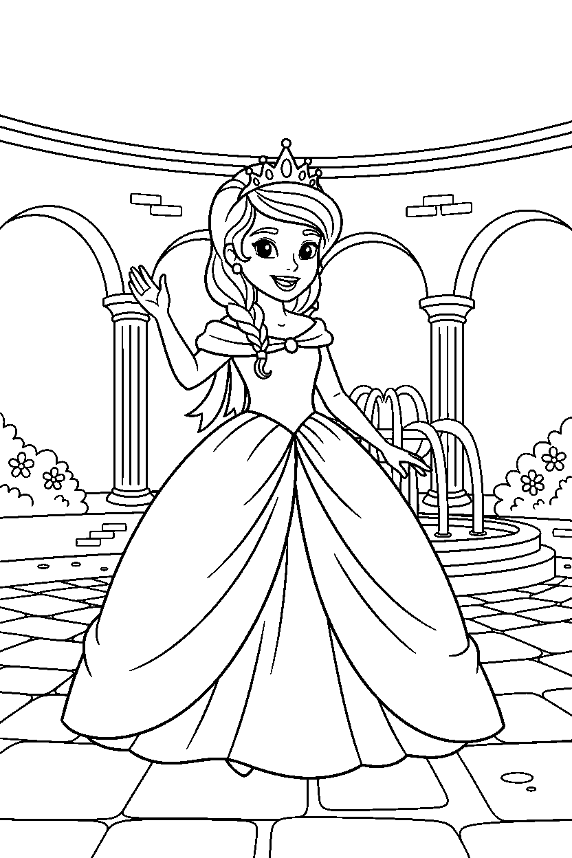 princess waving happily in a royal courtyard line art