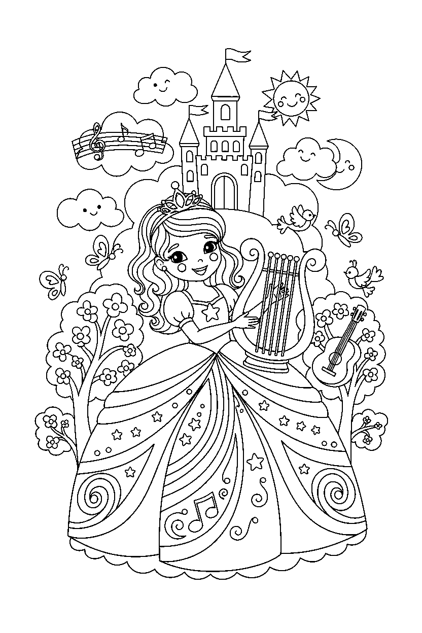rainbow princess playing music in a magic kingdom line art
