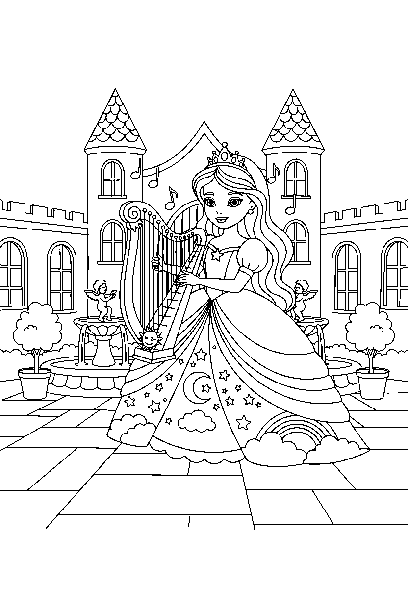 rainbow princess playing music in a royal courtyard line art