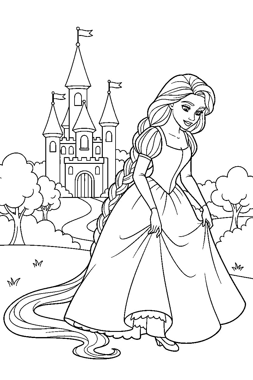 rapunzel princess curtsying politely in a fairy tale kingdom line art