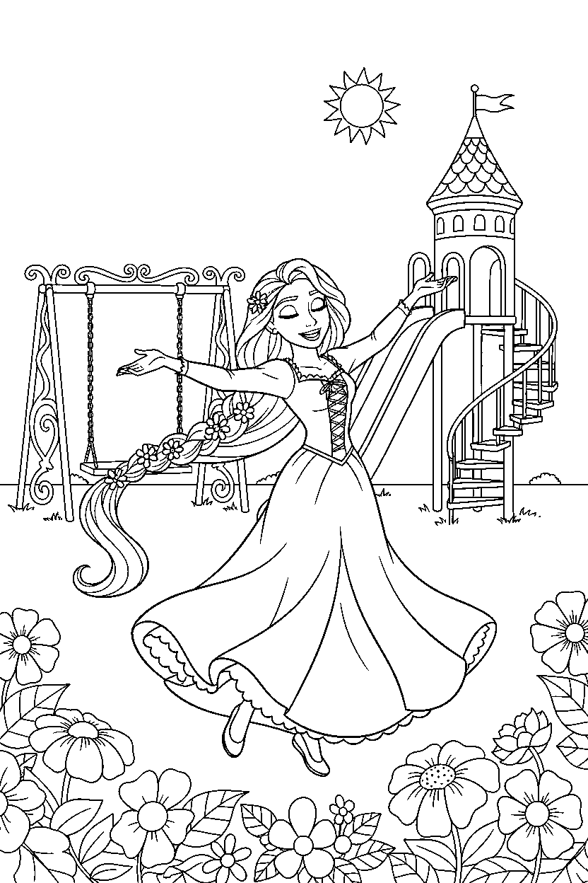rapunzel princess dancing happily in a royal playground line art