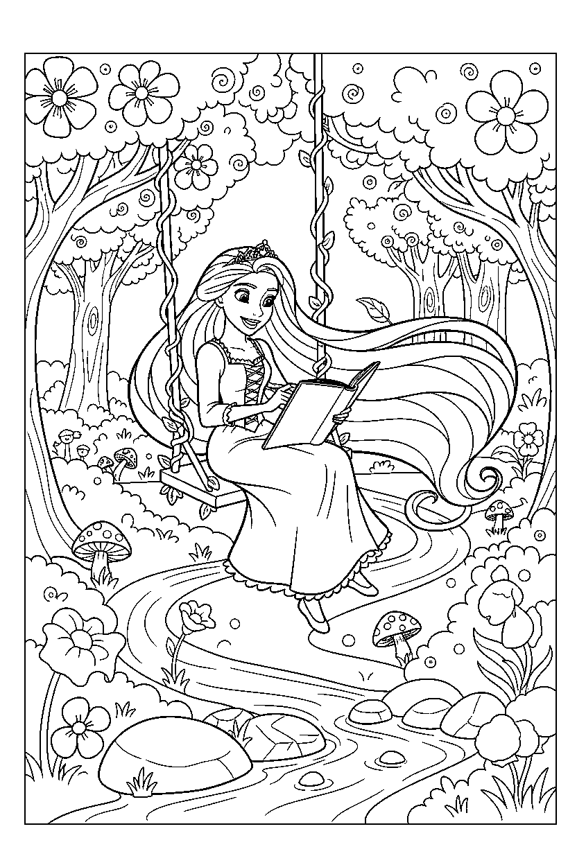 rapunzel princess drawing happily in an enchanted forest line art