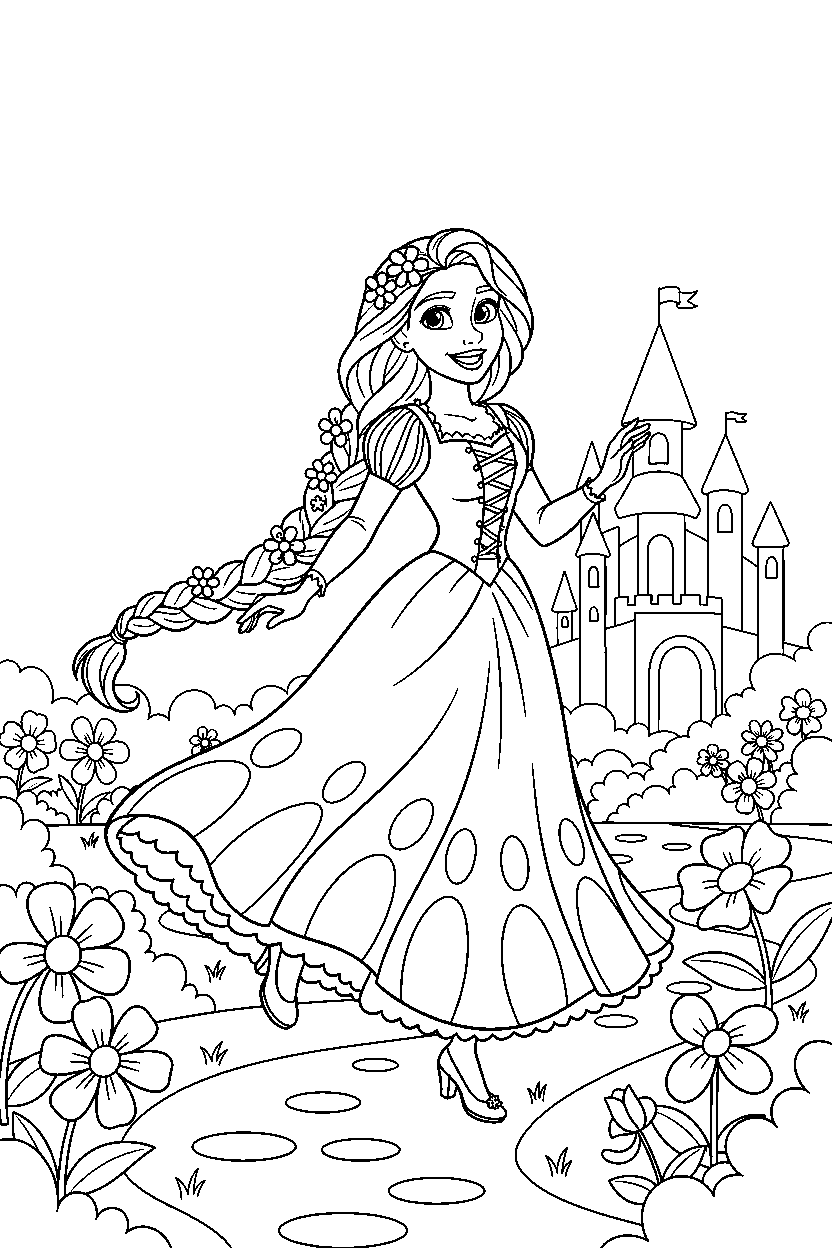 rapunzel princess exploring happily in a royal castle garden line art