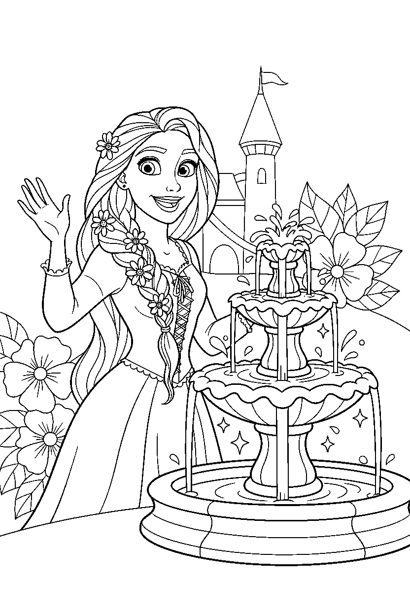 rapunzel princess greeting happily near a sparkling fountain line art