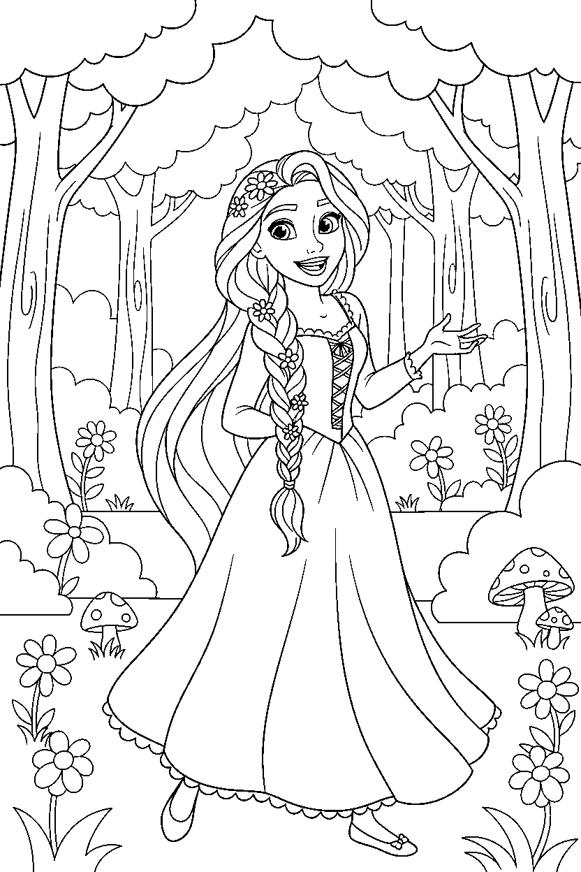 rapunzel princess looking happily in an enchanted forest line art