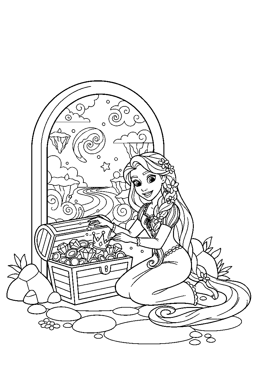 rapunzel princess opening a treasure in a magic portal world line art