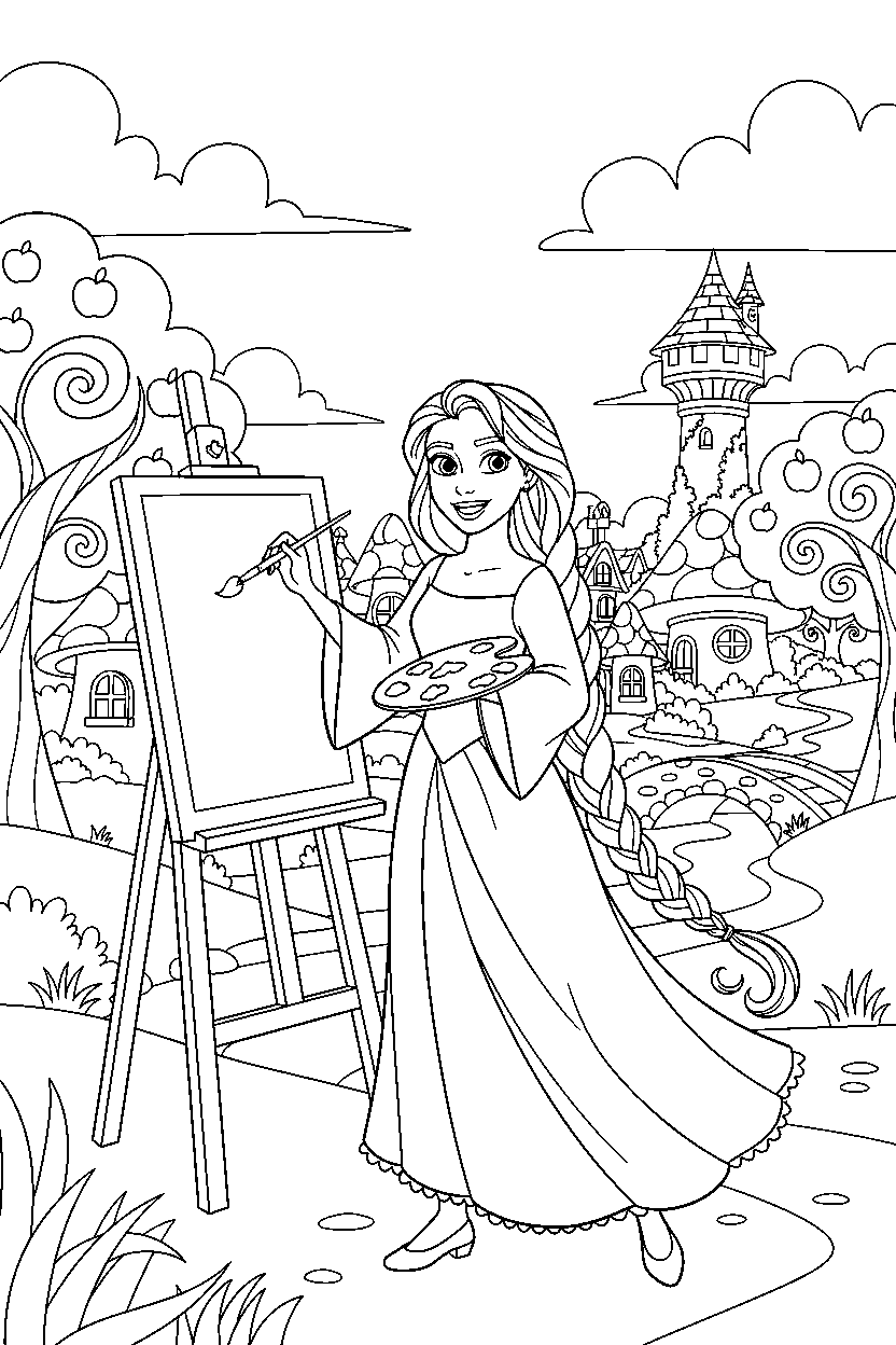 rapunzel princess painting happily in a fairy village line art