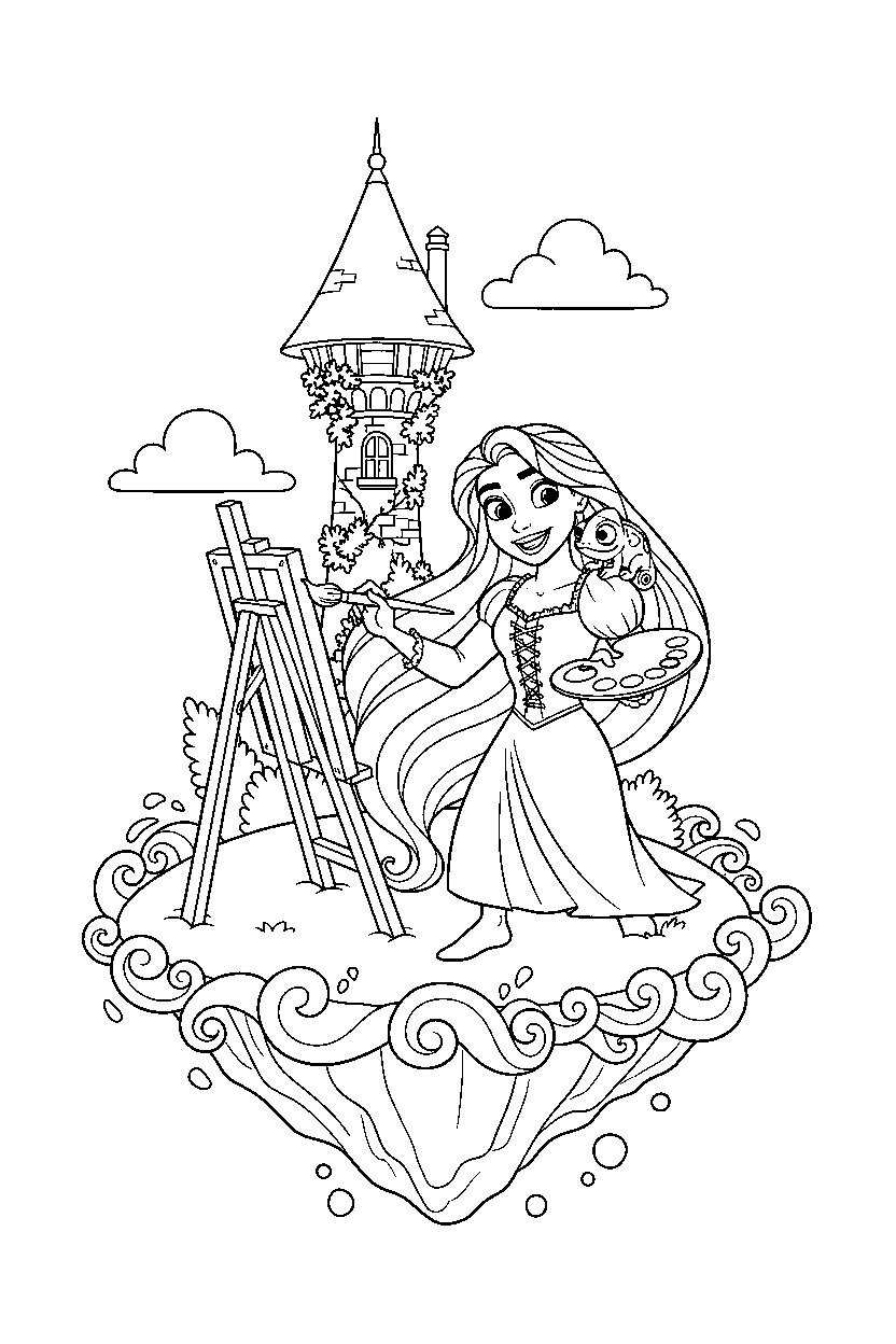 rapunzel princess painting happily on a magical island line art