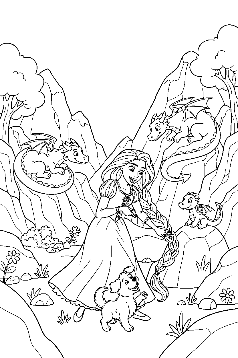 rapunzel princess playing with a puppy in a dragon valley line art