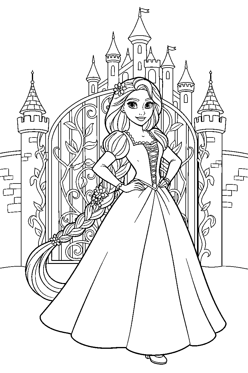 rapunzel princess posing proudly at an enchanted castle gate line art