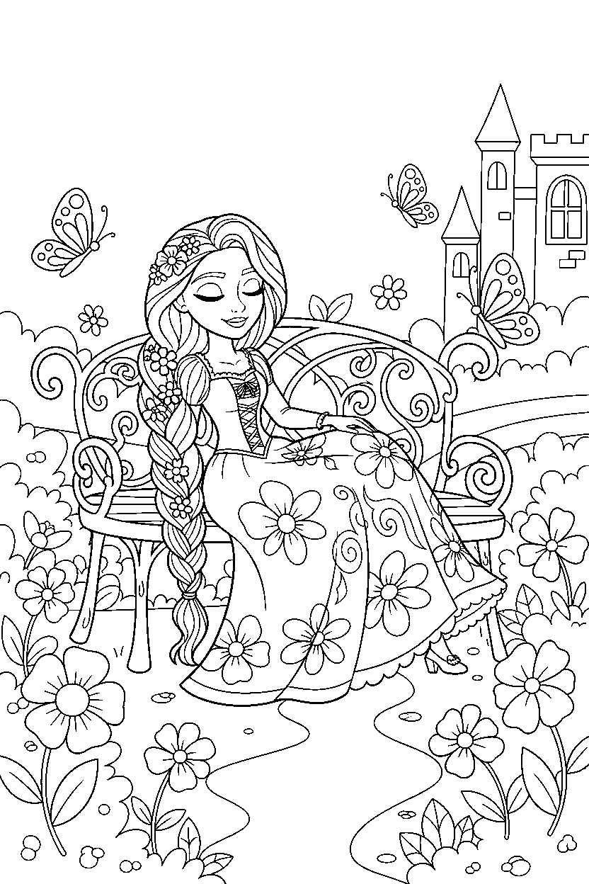 rapunzel princess relaxing peacefully in a butterfly garden line art