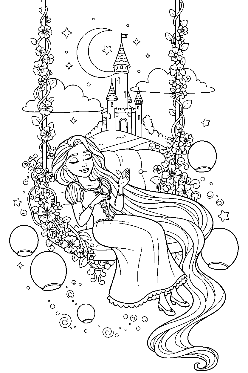 rapunzel princess relaxing peacefully in a magic kingdom line art