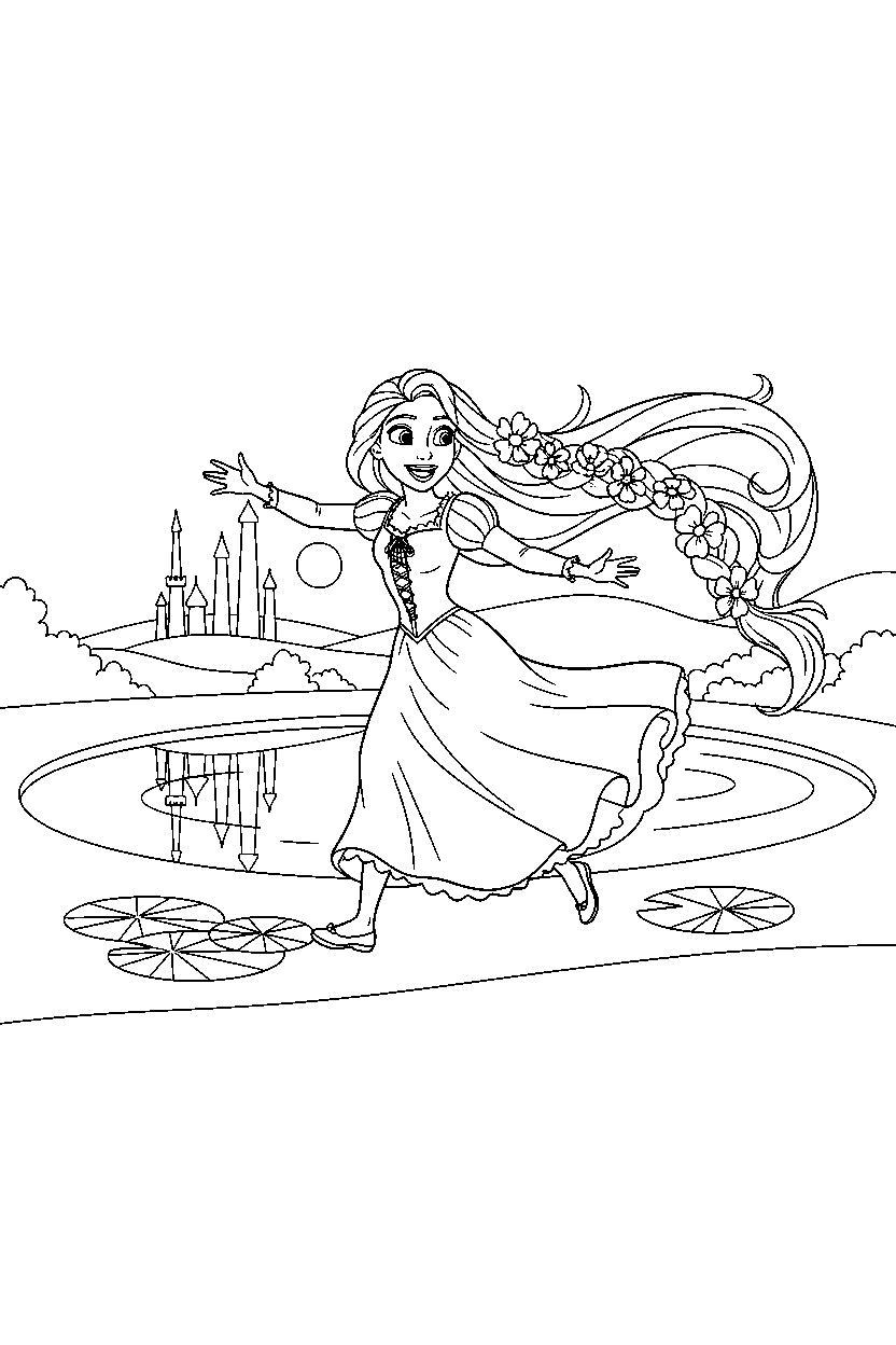 rapunzel princess running happily near a peaceful lake line art