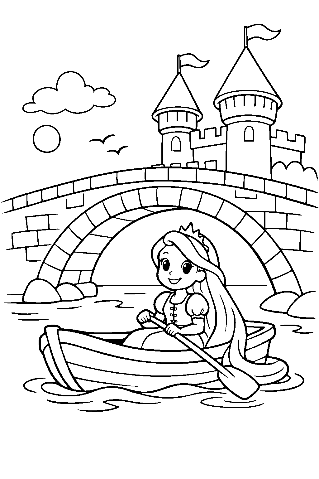rapunzel princess sailing gently on a castle bridge line art