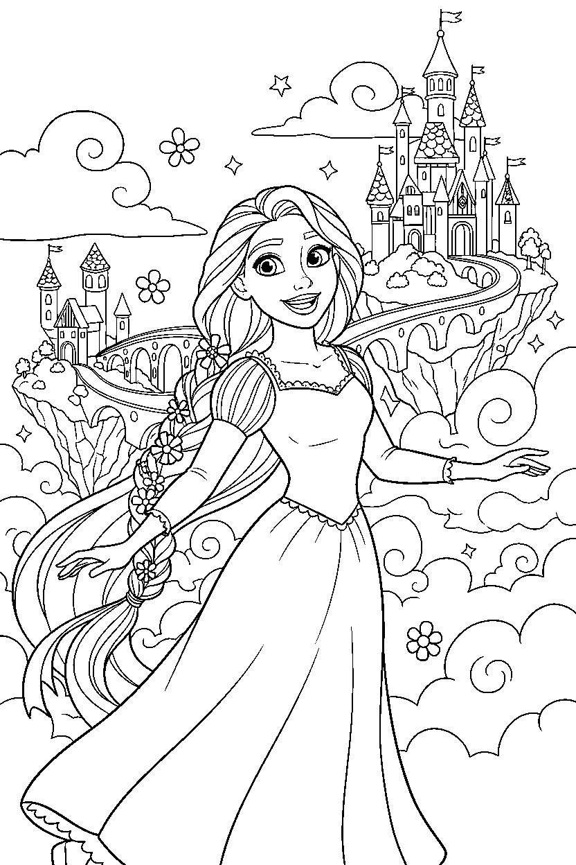 rapunzel princess smiling happily in a dreamy kingdom line art