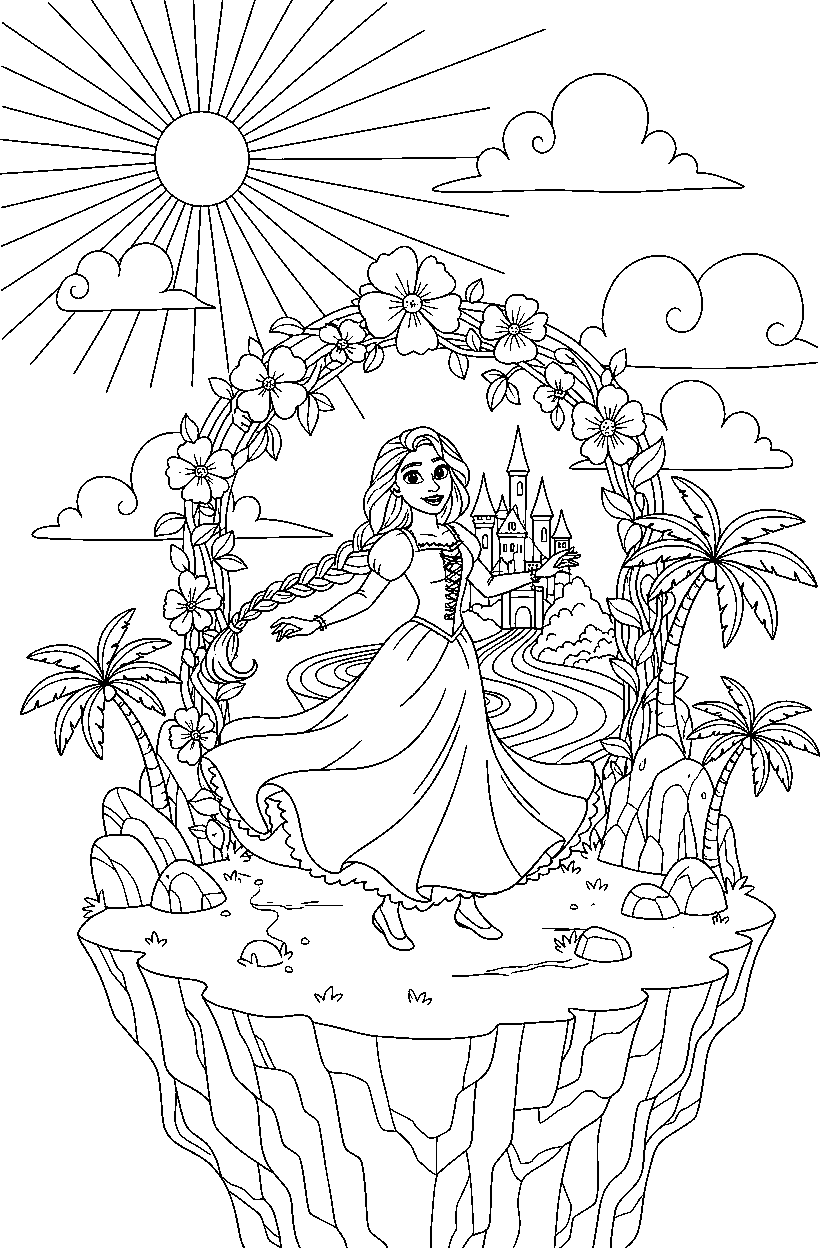rapunzel princess spinning happily on a magical island line art
