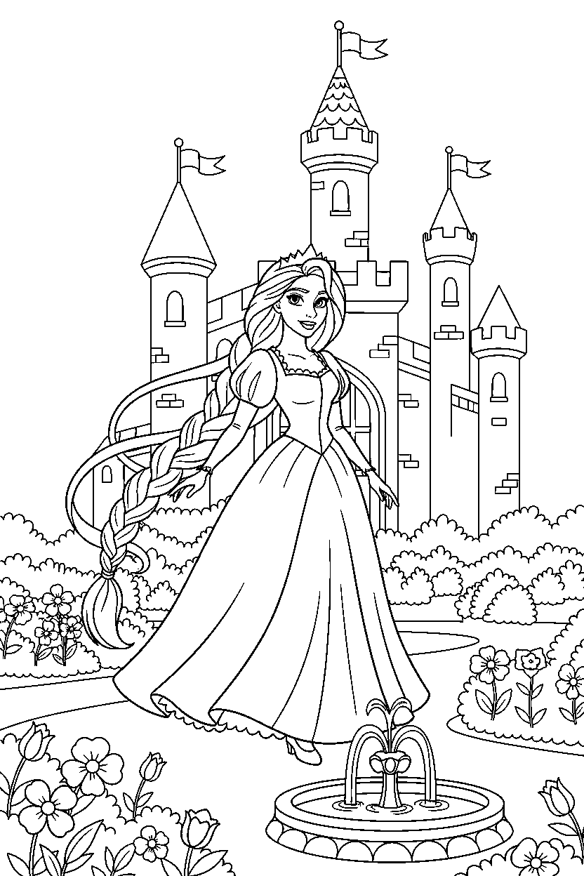 rapunzel princess walking proudly in a royal castle garden line art