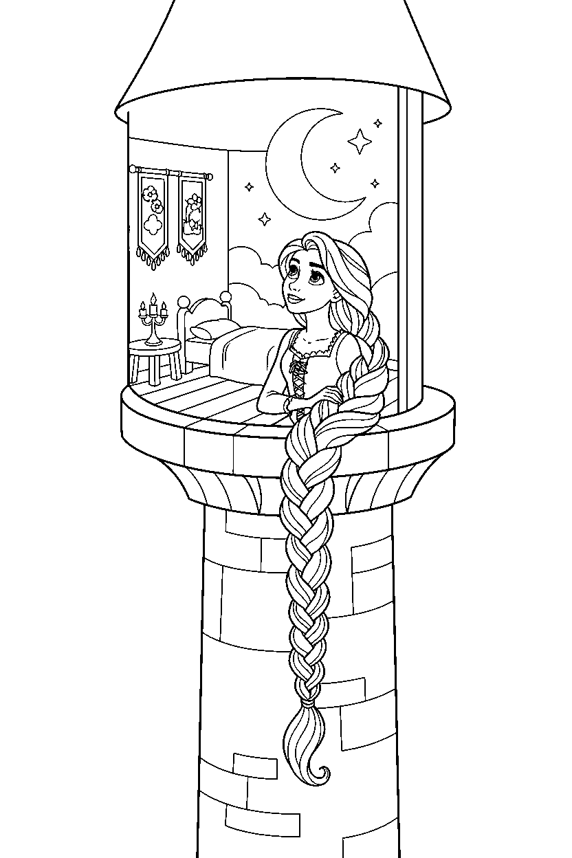 rapunzel princess watching the moon in a princess tower room line art
